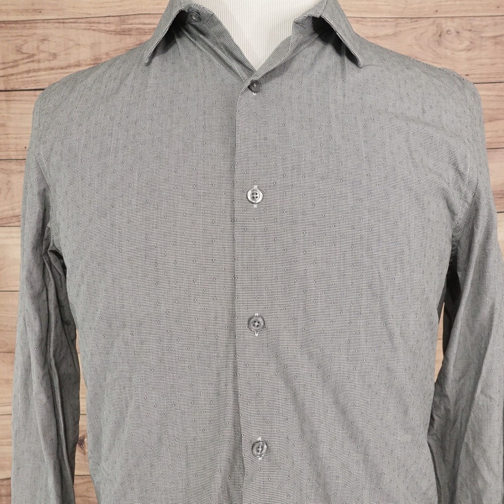 Perry Ellis Button Down Shirt Mens M Grey Slim Fit Cotton Dobby Houndstooth Good